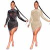 European & American Sexy Mesh See-Through Nightclub Dress with Bead Tassels and Long Sleeves
