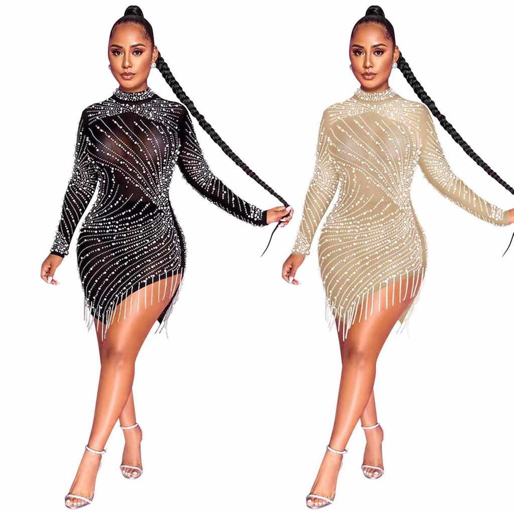 European & American Sexy Mesh See-Through Nightclub Dress with Bead Tassels and Long Sleeves