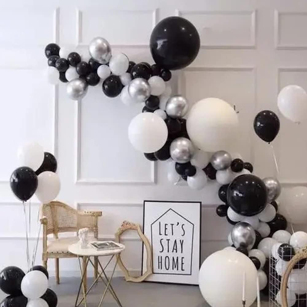 Schwarze und weiße Luftballongirlande aus Metall mit silbernem Konfetti, Ballonbogen-Set für Silvester, Geburtstagsfeiern, Hochzeiten und Abschlussfeiern, Dekoration für Globos