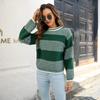 Women Casual Contrast Color Striped Sweater Round Neck Long Sleeve Knitted Pullover for Autumn Winter