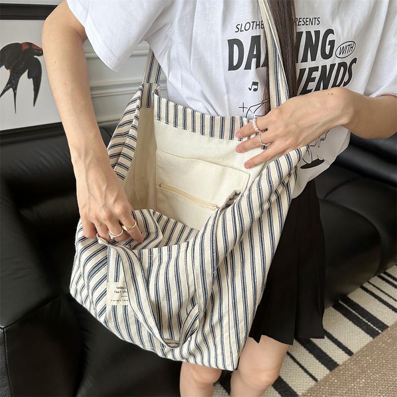 Women's Tote Bag Striped Canvas Casual Handbags For Women Simple Shopping Large Capacity Woman Shopper School Shoulder Bag AVE