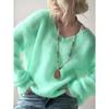 V-neck Long Sleeved Pullover Casual Sweater Women Autumn Winter Knitted Jumper Fashion Solid Color Loose Thin Clothes