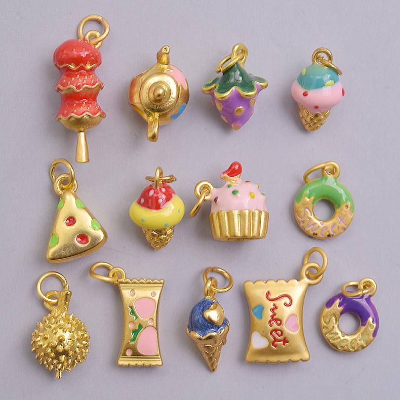 13pcs/Lot Mix Dessert Cake Ice Cream 3D Gold Color Enamel Charms For Jewelry Making Supplies Candy DIY Cute Pendant Accessories