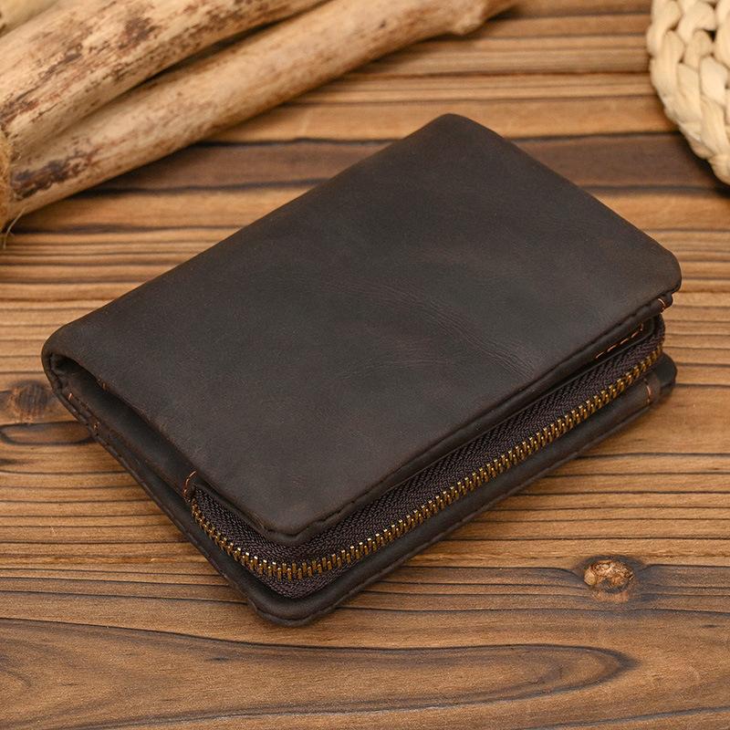 New Retro Leather Short Wallet with Zipper Change Bag Snap Button Wallet Crazy Horse Leather 20% Off Multi-card Wallet