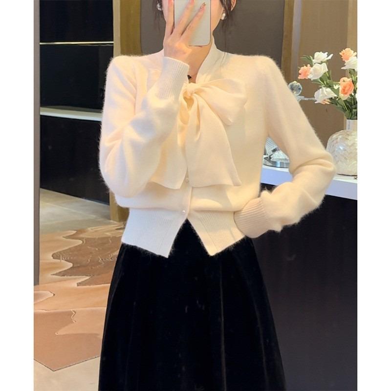 Literary Retro Bow Strap Red Sweater Cardigan Autumn New Knitted Sweater Jacket Chic Top