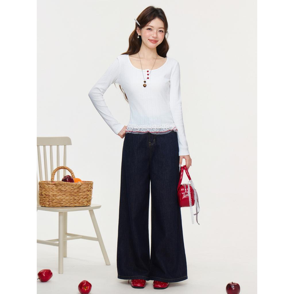 White round neck pure lace hem T-shirt women's spring slim and thin stacked inside small top