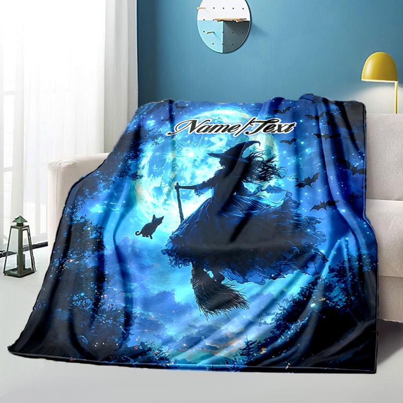 1PC Custom Name Moonlit Witch's Flight Outdooor Flannel Blankets Throw Blanket All-Season Throw Gift Bedspread for Couch, Bed, Camping Holiday Birthda