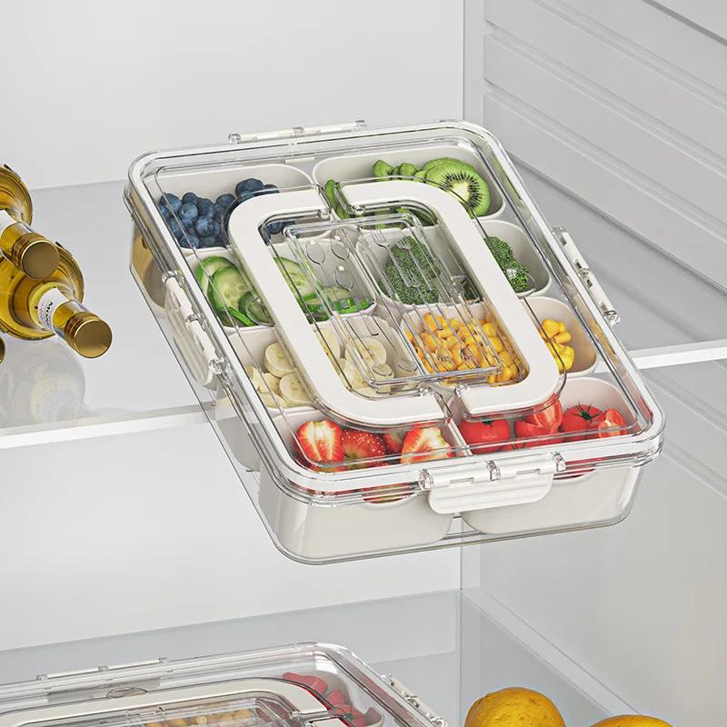 Přenosný plastový zásobník na salát, kuchyňský uzavřený box na oběd, průhledný úložný box s osmi mřížkami, kuchyňský organizér