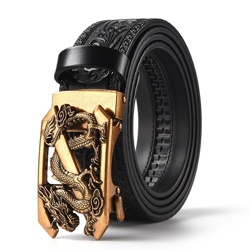 Men's Retro Dragon Head Genuine Leather Belt with Carved Embossed Design