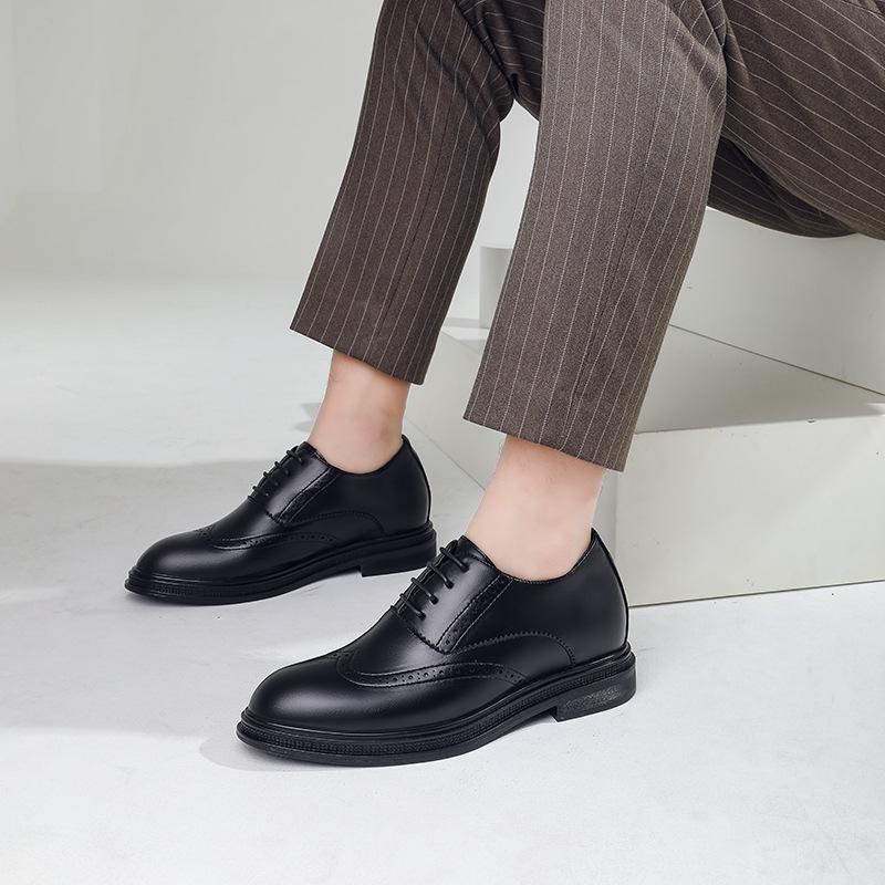 Autumn Brock Leather Shoes Men's Inner Height Increase of 6cm Men's Shoes Leather Breathable Business Dress British Pointed Wedding Shoes