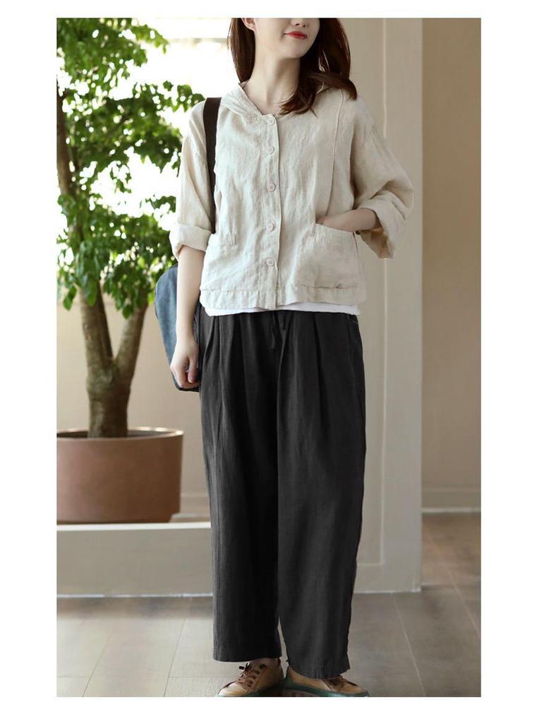 2025 Retro Women’s Cotton Linen Hooded Cardigan - Loose, Thin, Long Sleeve, Sun Protection, Short Jacket for Spring/Summer