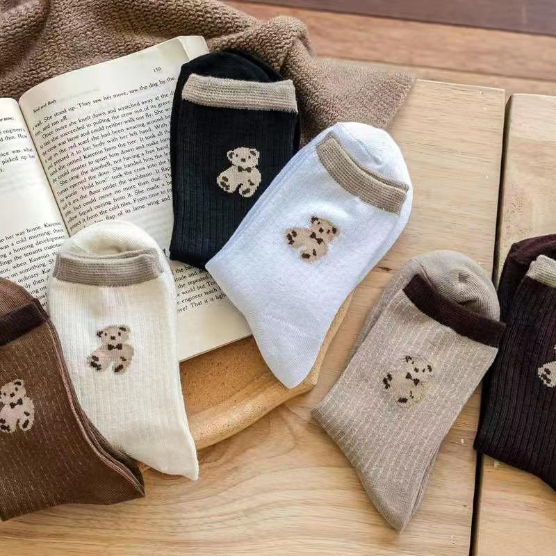 5 Pairs of Socks WOMEN'S Spring and Summer Thin Solid Color Teddy Bear Cartoon Boat Socks