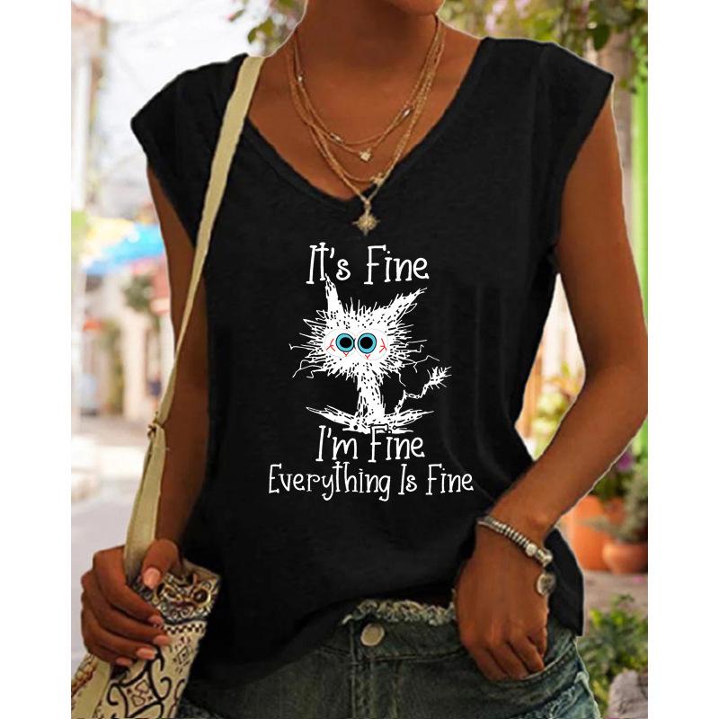 2024 V-Neck Cap Sleeve Black Cat Print Loose Vest