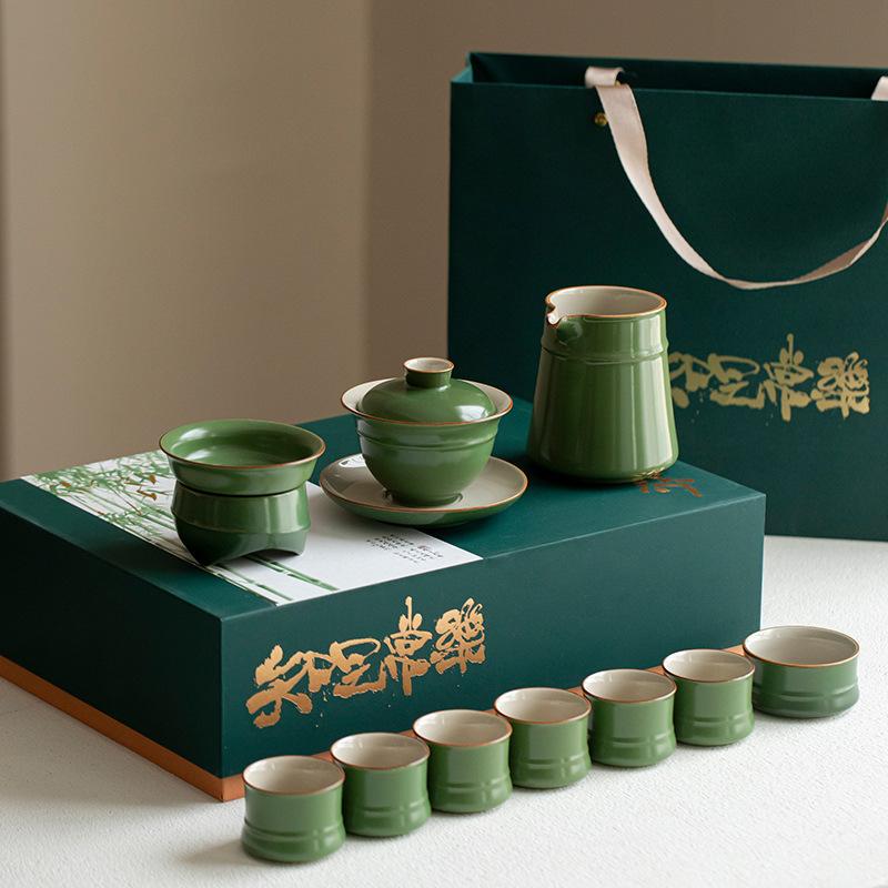Bamboo sound tea set, household high-end light luxury ceramic cover bowl tea cup, the whole set of kung fu tea set gift box is free.