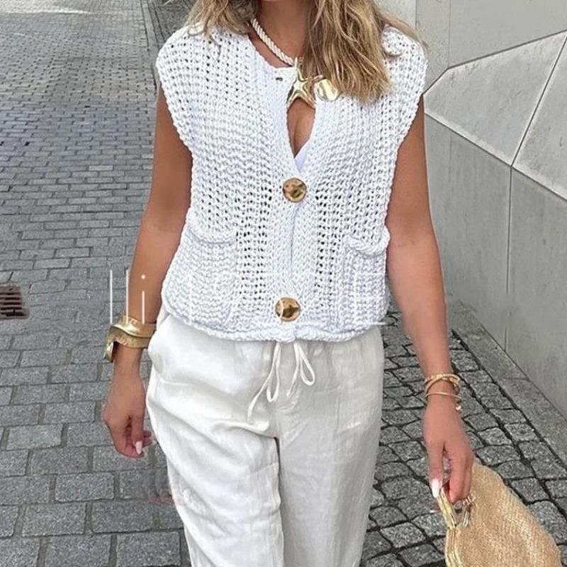 

Осенне-зимняя новая женская одежда, короткая трикотажная майка без рукавов с карманами, кардиган, майка L чистый белый