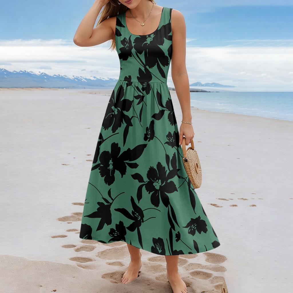 Damen-Sommerkleid mit Blumenmuster, lässig und modisch, ärmellos, lang