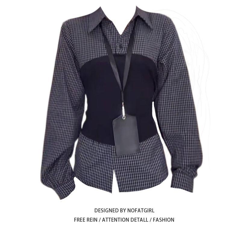 

Plus size Fat Sister High Intelligence Sense Korean Series Lapel Patchwork Fake Two Pieces Plaid Shirts Women Autumn Strap Waist Hugging Top Top M