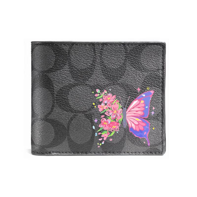 

COACH [Customized bag] 3 IN 1 Wallet MAY All the Way Gothic Oracle Leather Wallet Men s Black colorful butterfly чорний