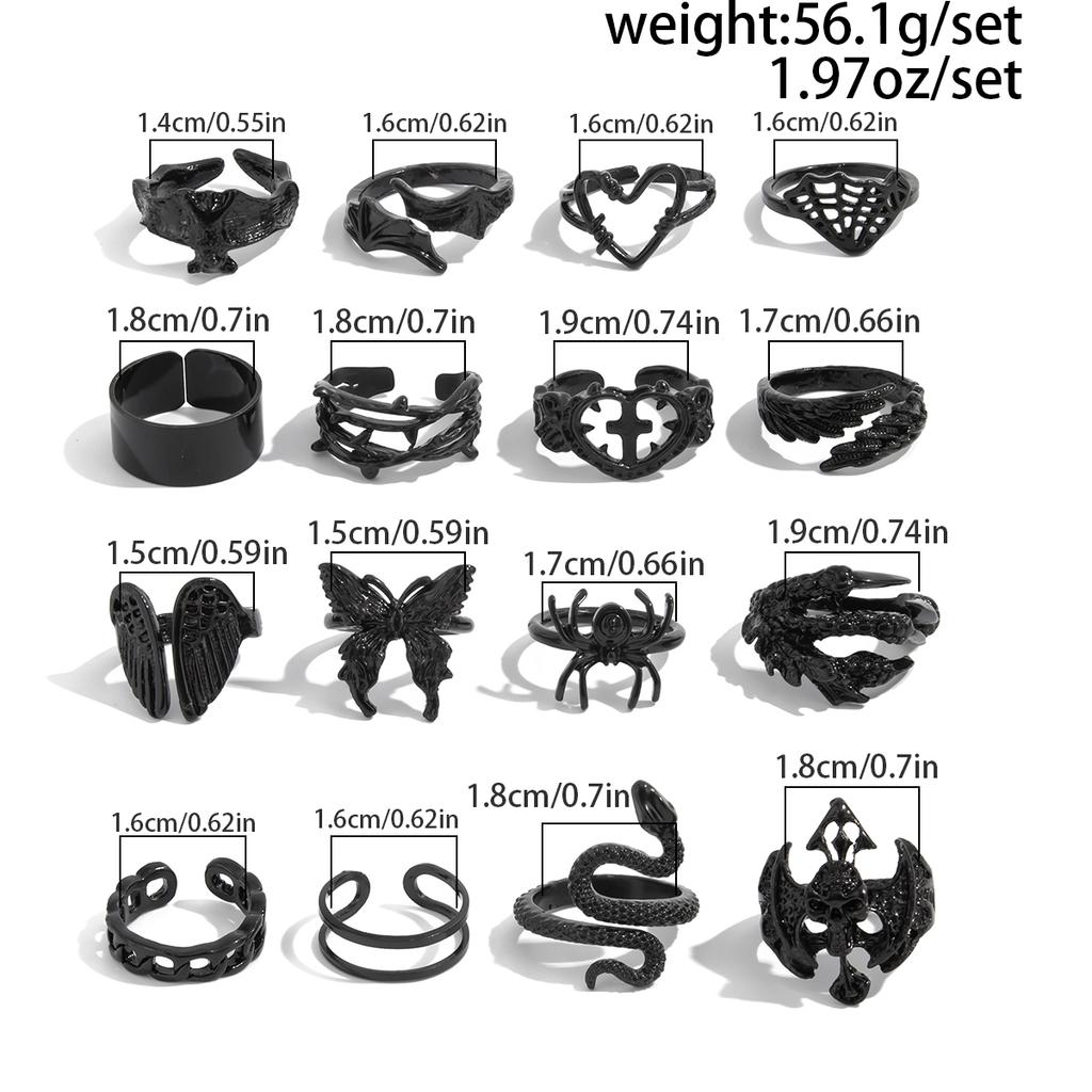 Salircon 16Pcs Gothic Creative Skull Butterfly Spider Rings Women Punk Geometric Black Color Metal Ring Halloween Jewelry Gifts