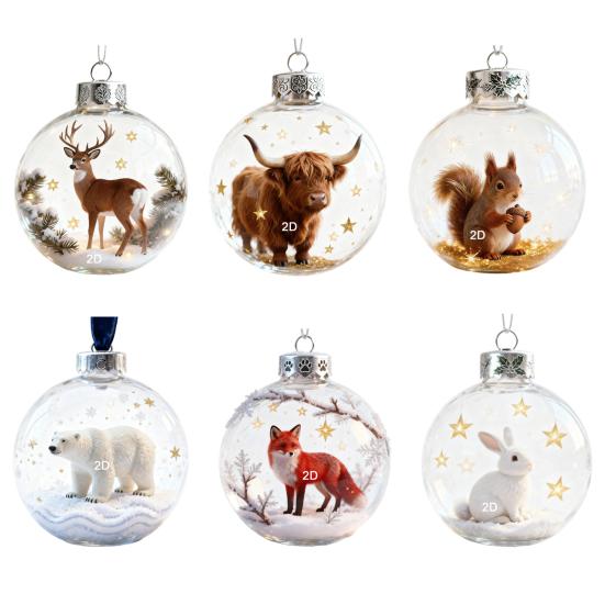 Wildlife Wonders Faux Crystal Ball Ornaments 3D Animal Decor with Fox Squirrel Deer Shatterproof Plastic Christmas Tree Decoration
