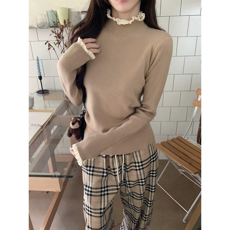 Spring chic lace semi-turtleneck knitted sweater women's age-reducing top versatile bottoming shirt