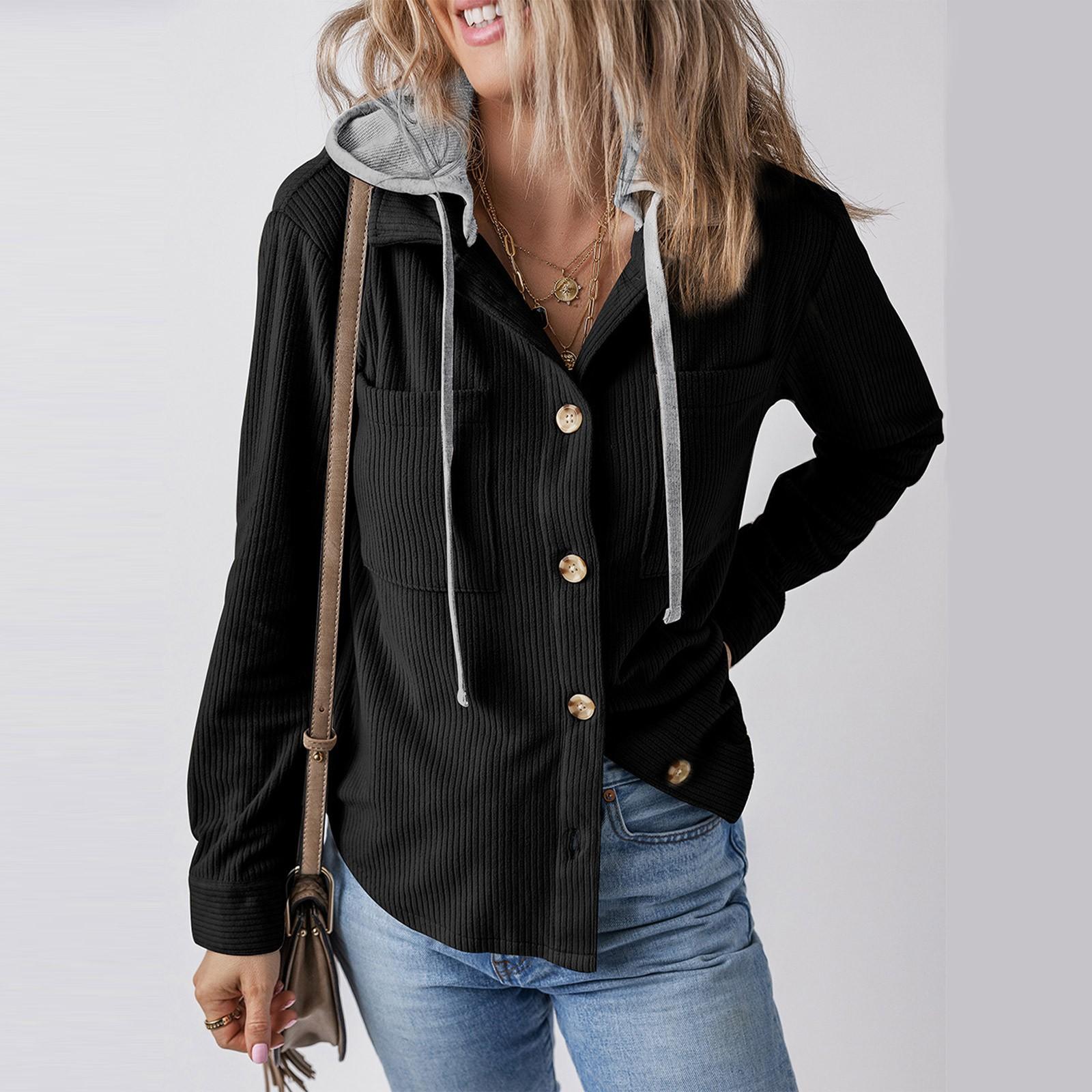 

Женский свободный повседневный кардиган с капюшоном и застежкой-молнией на пуговицы, кошелек, куртка с капюшоном и завязками на шнурке L чёрный