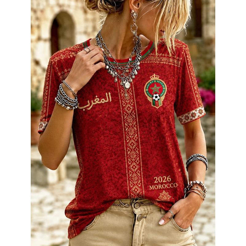 Morocco 2026 Women s V Neck Soccer Jersey Tee, Loose Short Sleeve Graphic Top with Flag Star Print for Football Fan Streetwear L