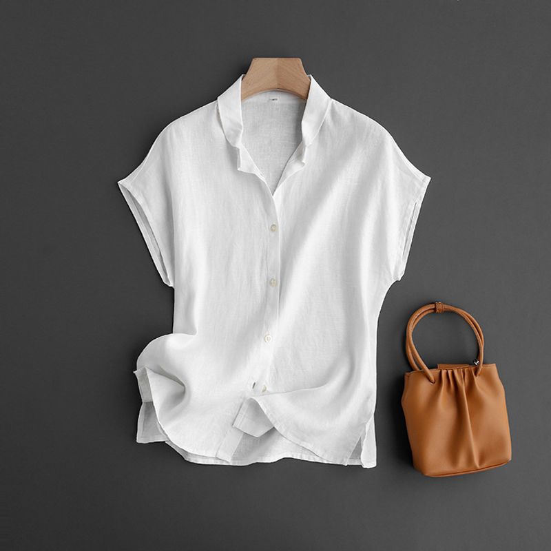 

Japan fashion Commuter Breathable Pure Linen Yuan Collar with Shoulder Short sleeve Loose Casual Shirts Top White 2XL
