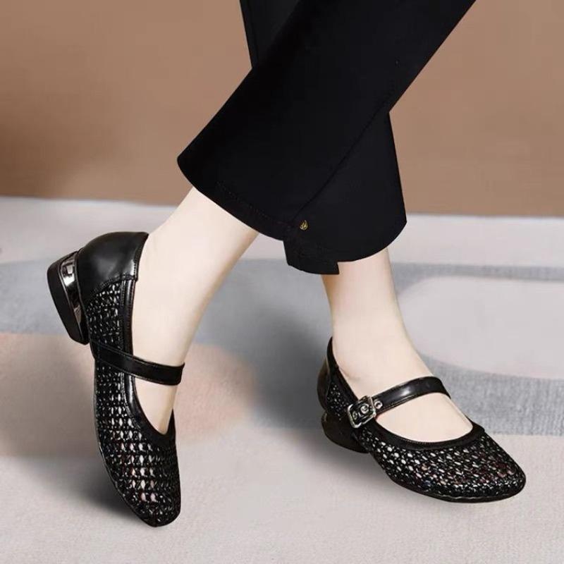 Beautiful woven hollow women's single shoes summer thick heel soft sole flat sole single shoes