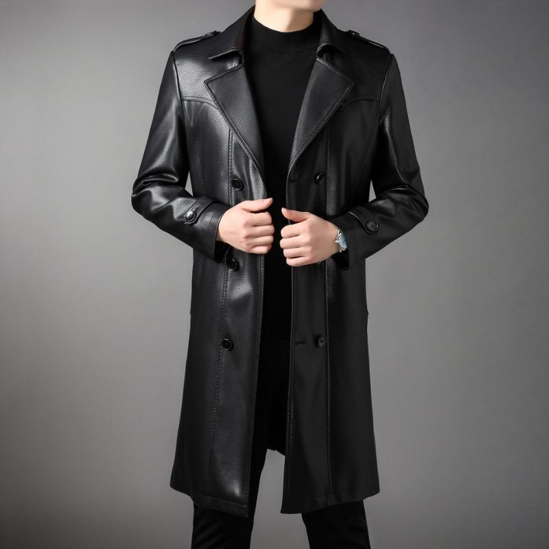 Cappotto Lungo da Uomo in Pelle Autunno e Inverno Nuovo Velluto Doppiopetto Business Casual Cintura Cappotto in Pelle Giacca a Vento in Pelle Giacca da Uomo