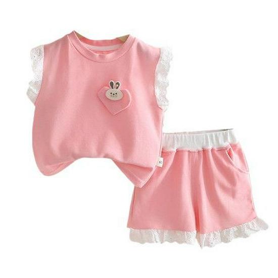 Girls' 2025 Summer Korean Lace T-Shirt & Shorts Set - Stylish Cartoon Design, Short-Sleeve, 2-Piece Trendy Outfit