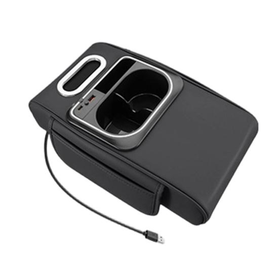 5-in-1 Car Armrest Organizer with Tissue Cup Holder USB Charging Port Ambient Light Car Interior Storage Booster Pad for Most Vehicles Portable Car