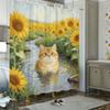 Oil Painting Black And White Cat In Pond With Water Lilies & Fireflies Waterproof Shower Curtain For Bathroom Decor