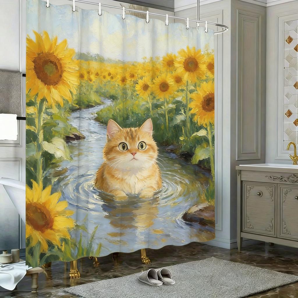 Oil Painting Black And White Cat In Pond With Water Lilies & Fireflies Waterproof Shower Curtain For Bathroom Decor