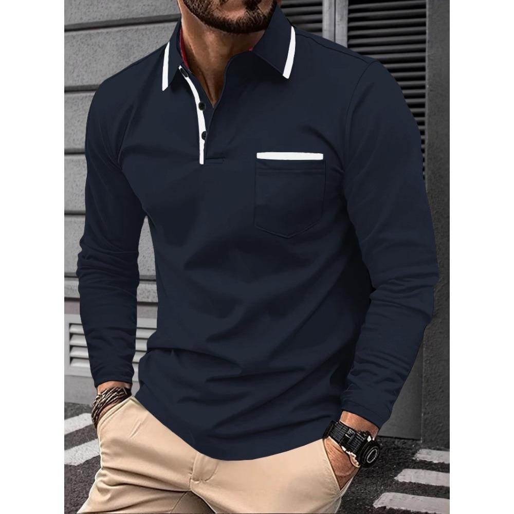 Men's new cross-border fashion lapel collage button men's casual sports long sleeved polo shirt
