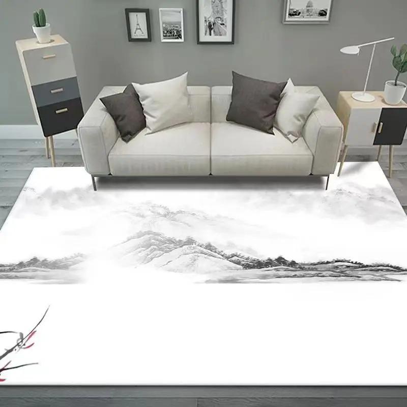 Pink Peach Blossom Ink Landscape Rug, Elegant Chinese-Style Home Decor Carpet with Poetic Mountain-Water Charm for Living Space