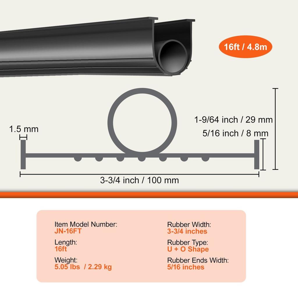 Garage Door Seals Bottom Rubber, U Shape +O Ring Combination Garage Door Bottom Weather Seal, 16ft Weatherproofing Garage Door Seal, 5/16 inch T-ends