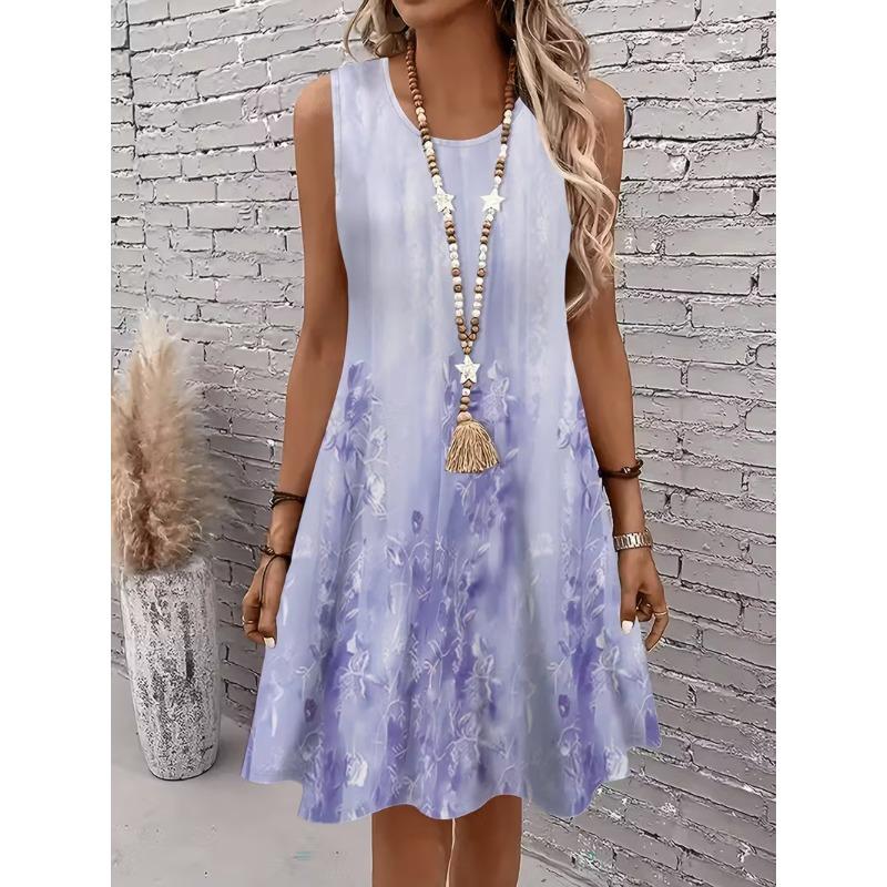 3D Digital Printed Sleeveless Plus Size Women's Dress Fashion Flower Pattern Elastic O Neck Summer Dress