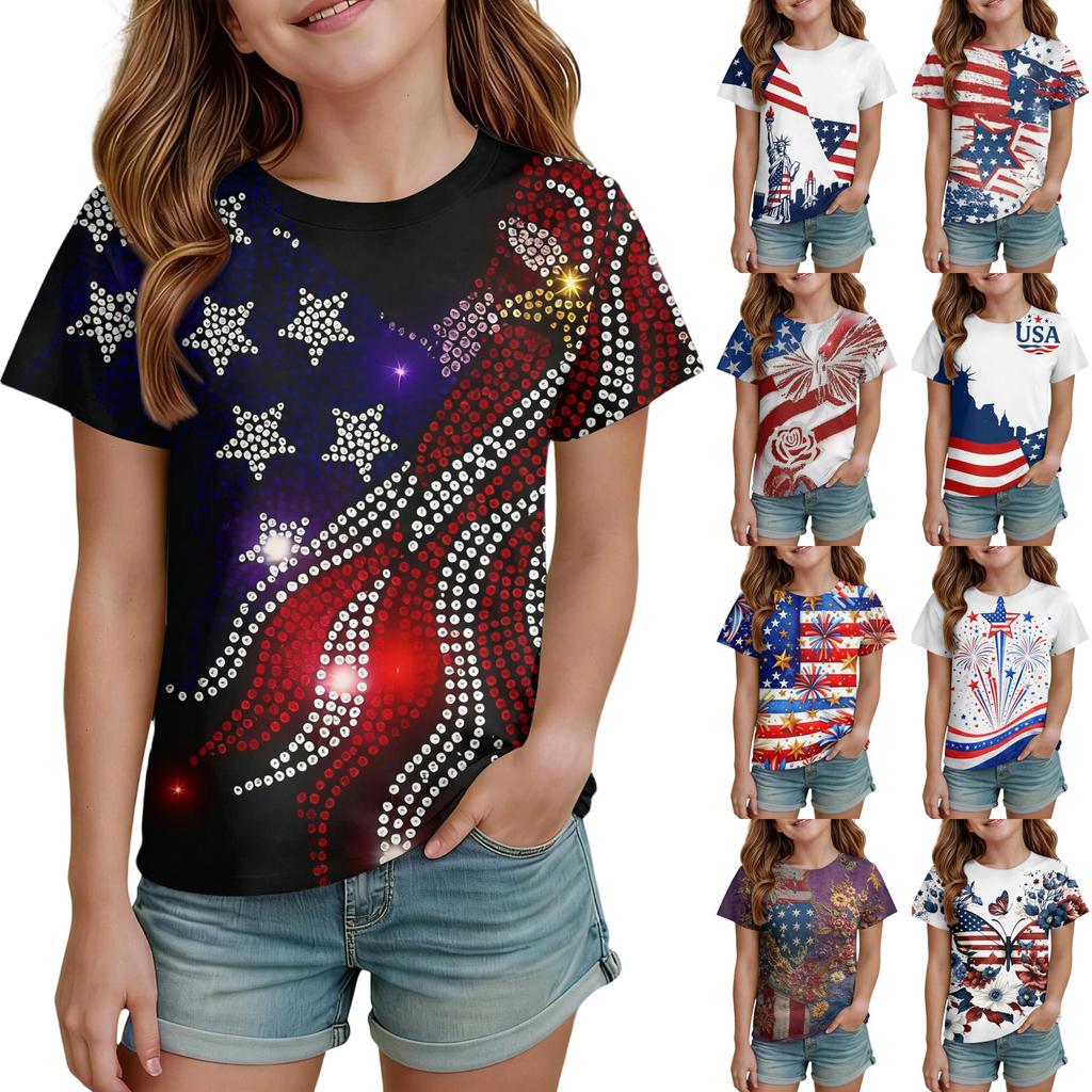 Kids Independence Day Print Round Neck Short Sleeve Casual T-shirt