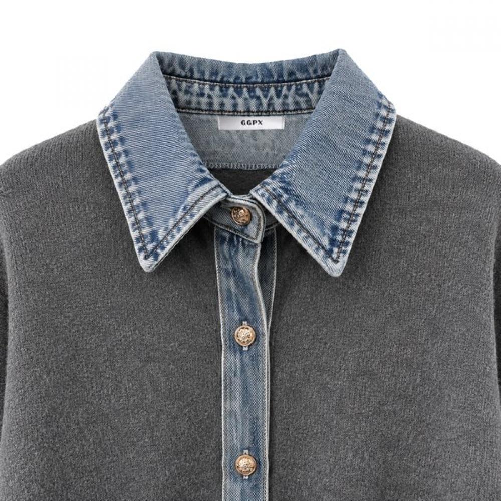 GGPX New York Women S Denim Collar Color Block Knit Cardigan Gq8kg015f