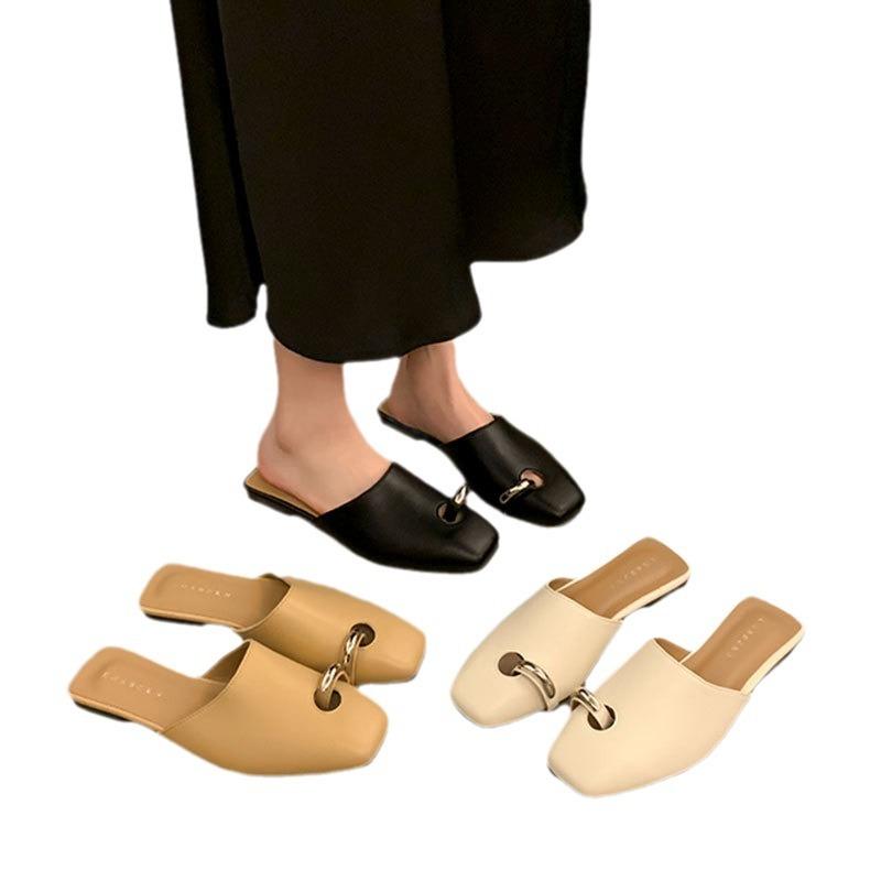 South Korea Dongdaemun Ins Niche Square Head Low Heel Ring Ornament Half Slippers Bag Head Drag Versatile Foreign Style Slippers Outside Wear