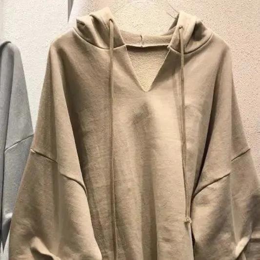 Spring  Autumn Women's V-Neck Hooded Cotton Sweater Thin Loose Solid Color Hooded Top