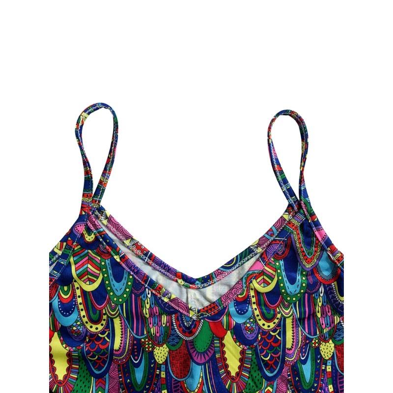 Ethnic Style Print V Neck Cami Dress, Casual Sleeveless Spaghetti Strap Dress For Spring & Summer, Women's Clothing