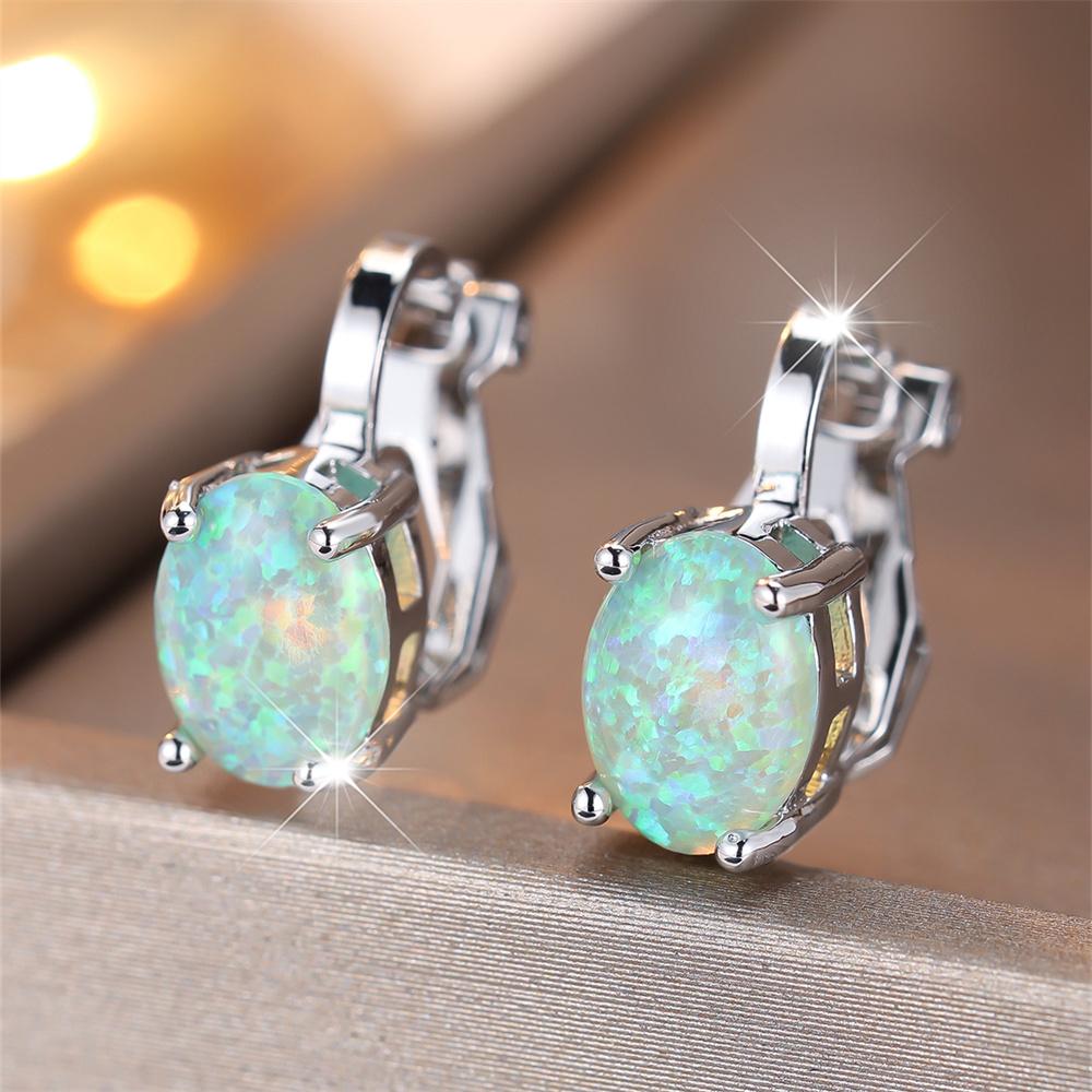 Pendientes de Clip Pequeños Lindos con Piedra Ovalada de Circonita Arcoíris Para Mujeres Pendiente de Compromiso Color Plata Vintage Joyería de Cristal Multicolor