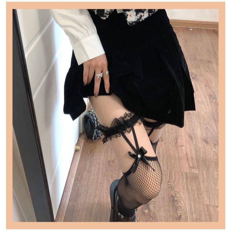 Women Sexy Bow Lace Hollow Out Garter Thigh High Fishnet Stockings