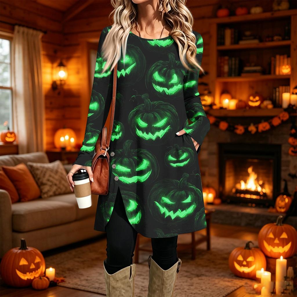 Women's Casual Printed Long Sleeve Neck Dress for Daily Wear
