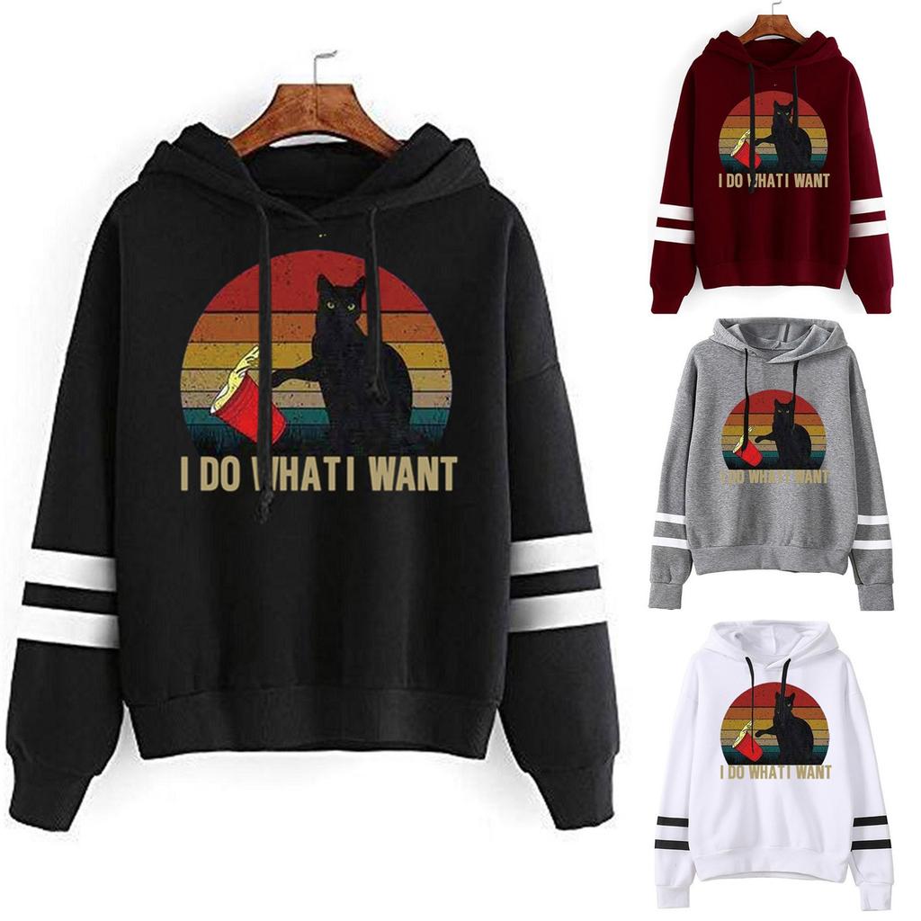 Women' s Casual Fashion   Printed Long Sleeve Pullover Hoodie Two lines Tops