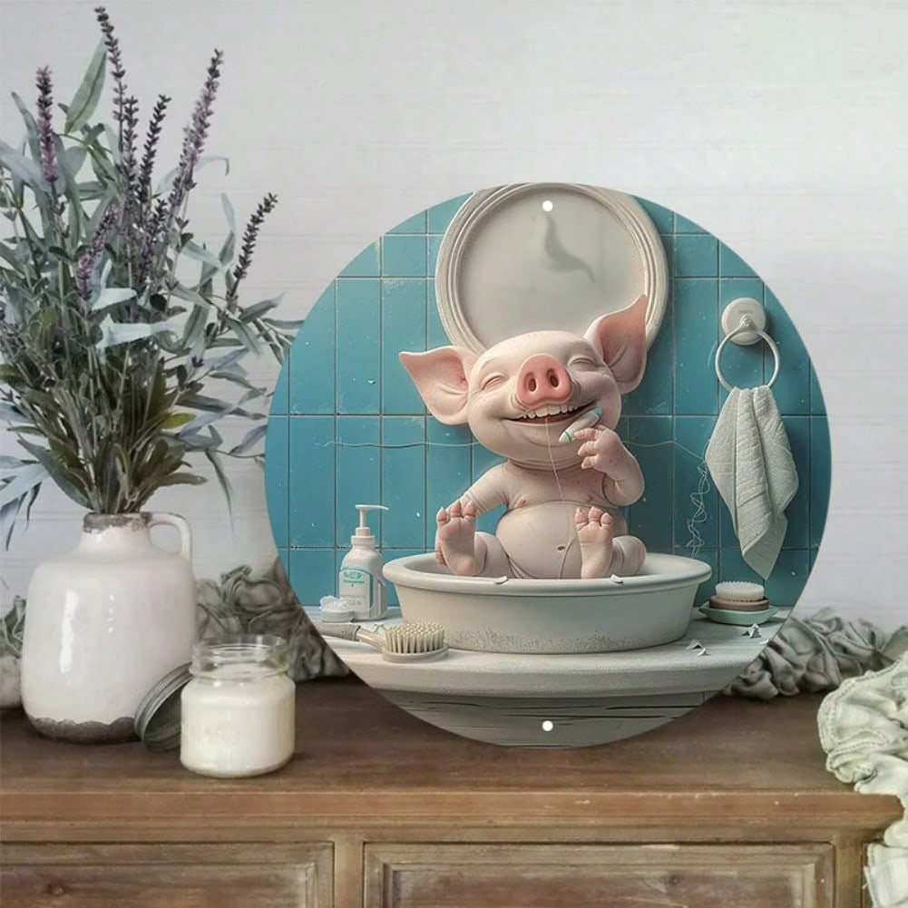 Metal Pig Wall Art Bathroom Decor Waterproof HD Print Circular Sign Pre-Drilled Holes 20x20