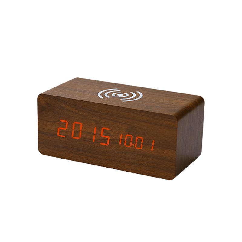 Smart Wooden Desk Clock with Wireless Charging, LED Display, Voice Control, and Silent Alarm