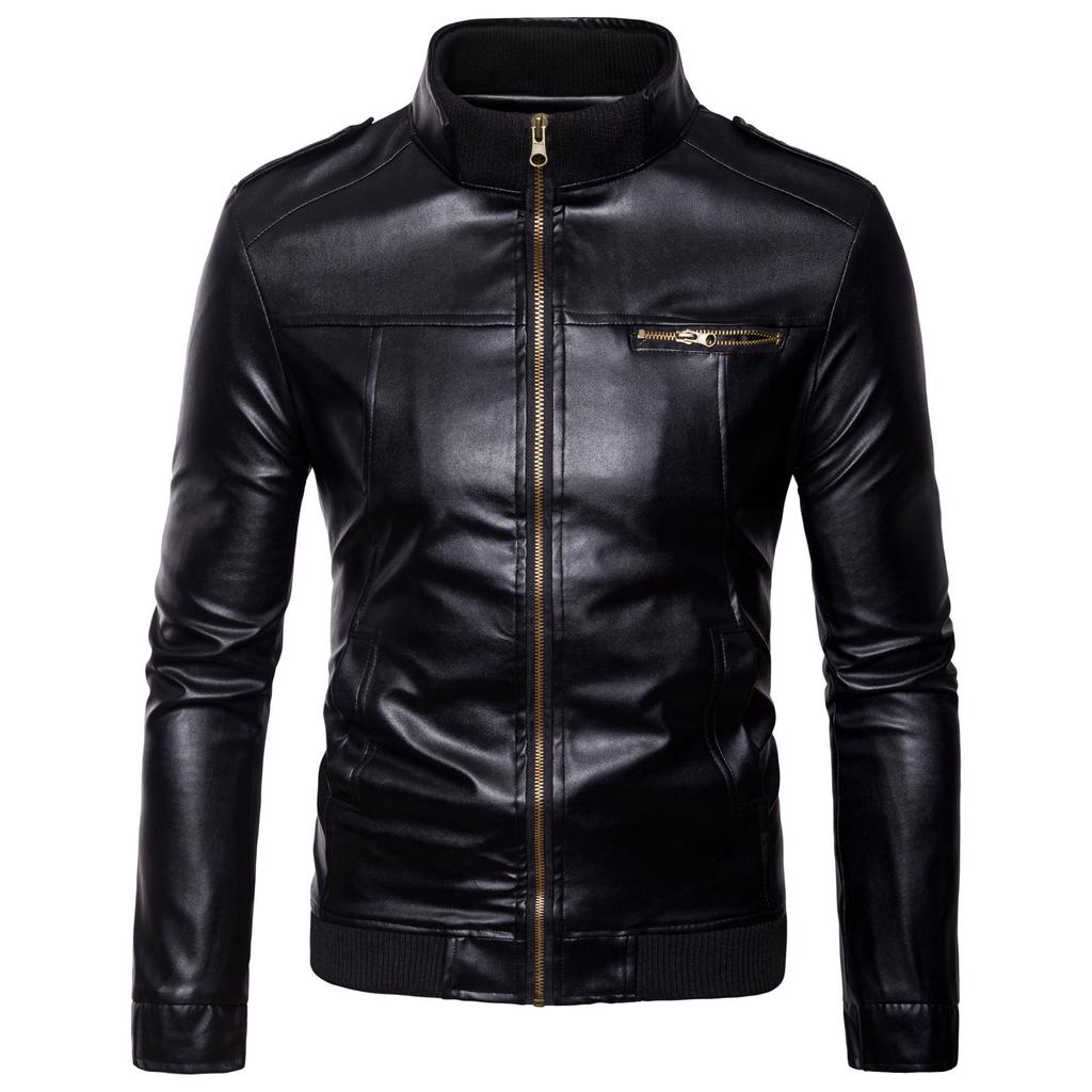 Hollow figure, men's leather jacket trend stand-up collar fashion slim men's leather jacket jacket P